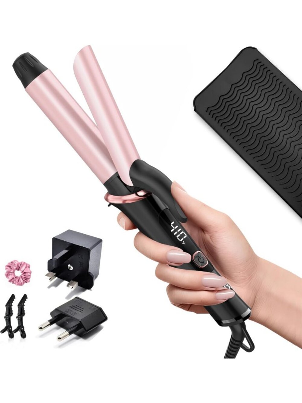 Compact Travel Curling Iron 1" - Dual Voltage 110-240V, EU Plug, Rose Gold